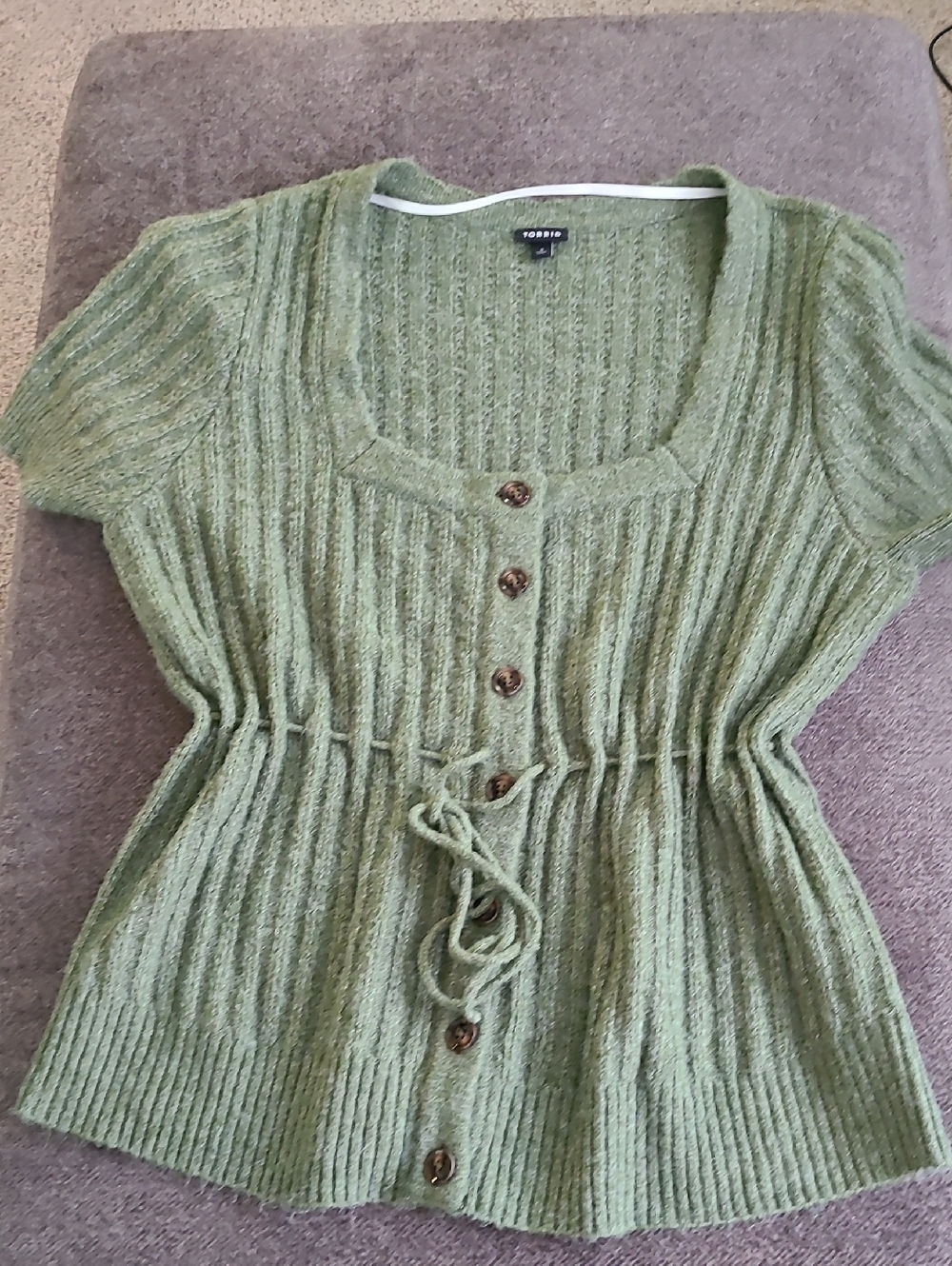 Torrid Green Ribbed Button-Front Women's Sweater with Tie Waist